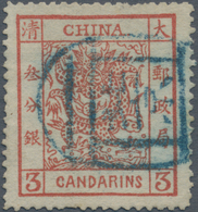 China: 1883, Large Dragon Thick Paper 3 Ca. Red Canc. Blue Seal "Peking" (Michel Cat. 350.-)- - Other & Unclassified