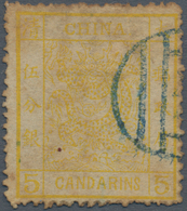 China: 1883, Large Dragon Thick Paper 5 Ca. Lemon, Canc. Part Blue Seal, Weak Impression (Michel Cat - Otros & Sin Clasificación