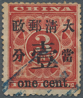 China: 1897, Red Revenue 1 C. On 3 C. Canc. Blue Pa-kua, Part Thins On Reverse (Michel Cat. 250.-). - Autres & Non Classés