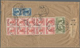China: 1923, Junk 6 C. (block-10), 4 C. Olive (pair) And 10 C. Blue (pair) Tied "SHANGHAI 13.7.21" T - Sonstige & Ohne Zuordnung