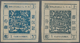 China - Shanghai: 1865/66, Large Dragon 1 Ca. Blue, Seriffed, On Thin Paper, Two Copies In Normal An - Autres & Non Classés