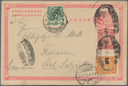 China - Ganzsachen: 1897, Card ICP 1 C. Uprated Coiling Dragon 1 C., 2 C. Tied Oval "KIAOCHOW APR-28 - Postkaarten