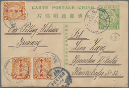 China - Ganzsachen: 1908, Card Square Dragon 1 C. Uprated Waterlow Ovpt. 1 C. (3 Inc. Pair) Canc. Bo - Cartoline Postali