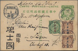 China - Ganzsachen: 1912, Card Flag 1 C. Green Uprated Waterlow Ovpt. 1/2 C. Pair And 2 C. Canc. Box - Cartes Postales