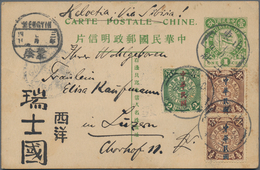 China - Ganzsachen: 1912, Card Flag 1 C. Green Uprated Waterlow Ovpt. 1/2 C. Pair And 2 C. Canc. Box - Postales