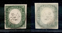 ANTICHI STATI - SARDEGNA - 1862 - 5 Cent (13 Db - Verde Giallastro) Usato A Genova Il 27.2.63 - Leggero Decalco Della Co - Andere & Zonder Classificatie