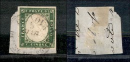 ANTICHI STATI - SARDEGNA - 1862 - 5 Cent (13 Db - Verde Giallastro) Usato A Genova Porto Il 5.3.63 Su Frammento - Sonstige & Ohne Zuordnung