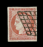 O EMISSION CERES 1849 - O - N°7 - 1F Vermillon - Obl. Grille - Replaqué - Asp SUP - 1849-1850 Ceres