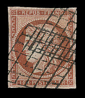 O EMISSION CERES 1849 - O - N°7b - 1F Vermillon Terne - Obl. Grille - Restauré - Certif. Scheller - Cote Et N° Asp. TB - 1849-1850 Ceres