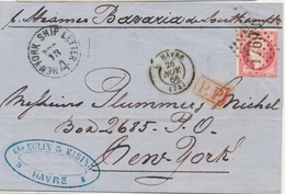 LSC N°24 - GC 1769 + T15 Le Havre 26 Nov 66 + PP -  P. New-York Au Recto CA New-York Ship Letter 4 - TB - 1849-1876: Periodo Classico