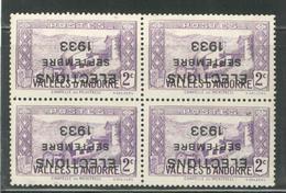 (*) ANDORRE  - (*) - N°25A - 2c Violet - Bloc De 4 - Surch. Election Septembre 1933 Renversée - TB - Ongebruikt
