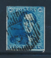 O BELGIQUE - O - N°2 - 20 Bleu Clair - Filet Voisin - TB - 1849 Hombreras