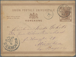 Hongkong - Ganzsachen: 1893/1899 Postal Stationery Cards 3c. Brown, Used From Hongkong To Munich, Ge - Postwaardestukken