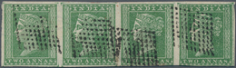 Indien: 1854 2a. Green Horizontal Strip Of Four, Sheet Pos. (in Row 8) 5-8, On Paper Showing Part Of - 1852 Provincie Sind