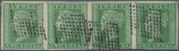 Indien: 1854 2a. Green Horizontal Strip Of Four, Sheet Pos. (in Row 8) 5-8, On Paper Showing Part Of - 1852 Provincia De Sind