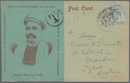 Indien: 1902-10: Four Unusual Covers And Postcards, With 1) KEVII. P/s Double Card ¼+¼a. With Advert - 1852 District De Scinde