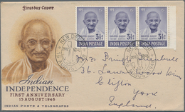 Indien: 1948, FDC, GANDHI 3 1/2 A. Strip Of Three On Illustrated Gandhi First Day Cover To England. - 1852 Provincie Sind