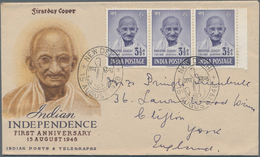 Indien: 1948, FDC, GANDHI 3 1/2 A. Strip Of Three On Illustrated Gandhi First Day Cover To England. - 1852 Provinz Von Sind