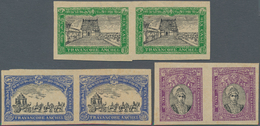 Indien - Feudalstaaten: TRAVANCORE 1931 Coronation: Set Of Three Imperf Plate Proof Pairs In Issued - Autres & Non Classés