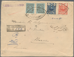 Iran: 1908, 10ch. Brown On Blue (2), 13ch. Dark Blue And 1kr. Red, Attractive Franking On Registered - Irán