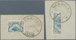 Iran: 1915, Shah Ahmed Ghadzar Issue 12 Ch. Green Ultramarine Two Bisect Stamps On Piece, Fine - Irán