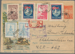 Korea-Nord: 1956, Illustrated Stationery Envelope 20 W. Monument Uprated 7 Stamps Total 135 W. Canc. - Corée Du Nord