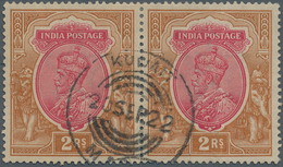 Kuwait: 1911-22 India KGV. 2r. Carmine & Brown, Horizontal Pair, Used In Kuwait And Cancelled By "KU - Koeweit