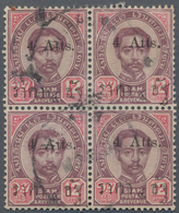 Thailand: 1898, 4a. On 12a. Lilac/carmine, Used Block Of Four, Upper Right Stamp With Oval Stop. Cer - Thailand