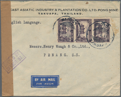 Thailand: 1941 Censored Airmail Cover From Takuapa To Penang, Franked By 1940 5s. Vertical Strip Of - Thailand