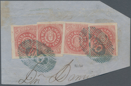 Argentinien: 1864 5c. Pale Red From The Re-engraved Plate With Narrow "C", Four Singles Used On Piec - Altri & Non Classificati