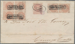 Argentinien: 1862 'Coat Of Arms' 5c. Rose, No Accent, Block Of Four And Three Singles Used On Regist - Autres & Non Classés