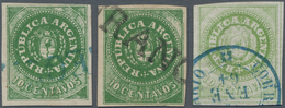 Argentinien: 1862 Three Used Singles Of The 10c., One In Green With Accent Cancelled By "GUALEGUAI" - Autres & Non Classés