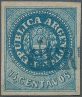 Argentinien: 1862 15c. Blue, With Accent, Used And Cancelled By Blue Straight-liner "CERT(IFICADO)" - Autres & Non Classés