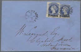 Südaustralien: 1871 (29.12.), QV 4d. Sky-blue Surcharged '3-PENCE' Two Singles In Very Different Siz - Brieven En Documenten