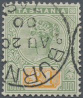 Tasmanien: 1897, QV Tablets £1 Green/yellow Fine Used With Nearly Central 'BURNI(E), AU20/00, TAS.' - Lettres & Documents