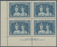 Australien: 1948/1949, Coronation Robes Set Of Three (5s., 10s. And £1) Thin Paper Blocks Of Four Fr - Sonstige & Ohne Zuordnung