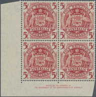 Australien: 1951, Coat Of Arms 5s. Claret THIN PAPER Variety Block Of Four From Lower Left Corner Wi - Other & Unclassified