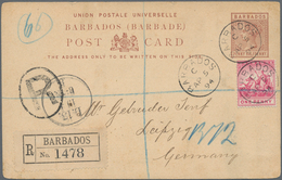 Barbados: 1894, Card QV 1 1/2d Uprated 1d Canc. "BARBADOS AP 5 94" Registered To Leipzig/Germany W. - Barbades (1966-...)