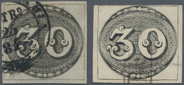 Brasilien: 1843, Bull's Eye Two 30 R. Black Fine Cancelled, Variety Printed On Thin And Thick Paper, - Autres & Non Classés