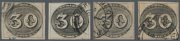 Brasilien: 1843, Bull's Eye 30 R. Black Four Stamps On Thin And Thick Paper, Different Colors And Im - Other & Unclassified