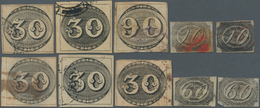 Brasilien: 1843-44, First Issues Six Stamps Including 90r. Black Used, Some Thins And Faults As Usua - Autres & Non Classés