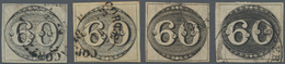 Brasilien: 1843, Bull's Eye 60 R. Black Four Stamps On Thin And Thick Paper, Different Colors And Im - Autres & Non Classés