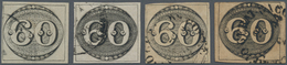 Brasilien: 1843, Bull's Eye 60 R. Black Four Stamps On Thin And Thick Paper, Different Colors And Im - Autres & Non Classés