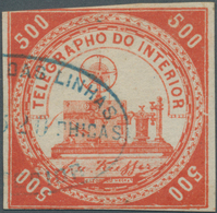 Brasilien - Telegrafenmarken: 1873, 500r. Vermilion, Wm "Lacroix Freres", Fresh Colour, Cut Into To - Telegraafzegels