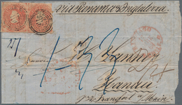 Chile: 1860, 5 C Red, Horizontal Pair, Right Stamp Touched, Else Close To Mostly Full Margins, Tied - Chili