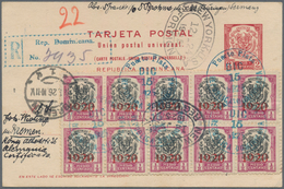 Dominikanische Republik: 1920, 2 C Carmine Postal Stationery Card, Uprated With Block Of Ten 1/2 C L - Dominicaine (République)