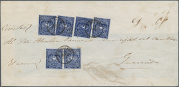 Ecuador: 1865 SIX Singles Of ½r. Deep Blue On Bluish Paper, Used On Large Part Cover (front And Part - Equateur