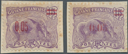 Französisch-Guyana: 1922, Revaluation Overprints, 0.05 On 15c. Violet "Anteater", Two Essays Of Over - Nuovi