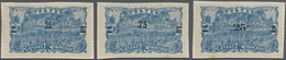 Französisch-Guyana: 1924, Revaluation Overprints, 25c. On 2fr. Blue, Three Different Essays Of Overp - Nuevos