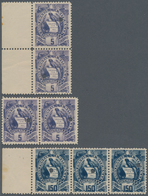 Guatemala: 1886, National Emblem Issue 5 C. Purple Two Pairs And 150 C. Dark Blue Strip Of Three Wit - Guatemala